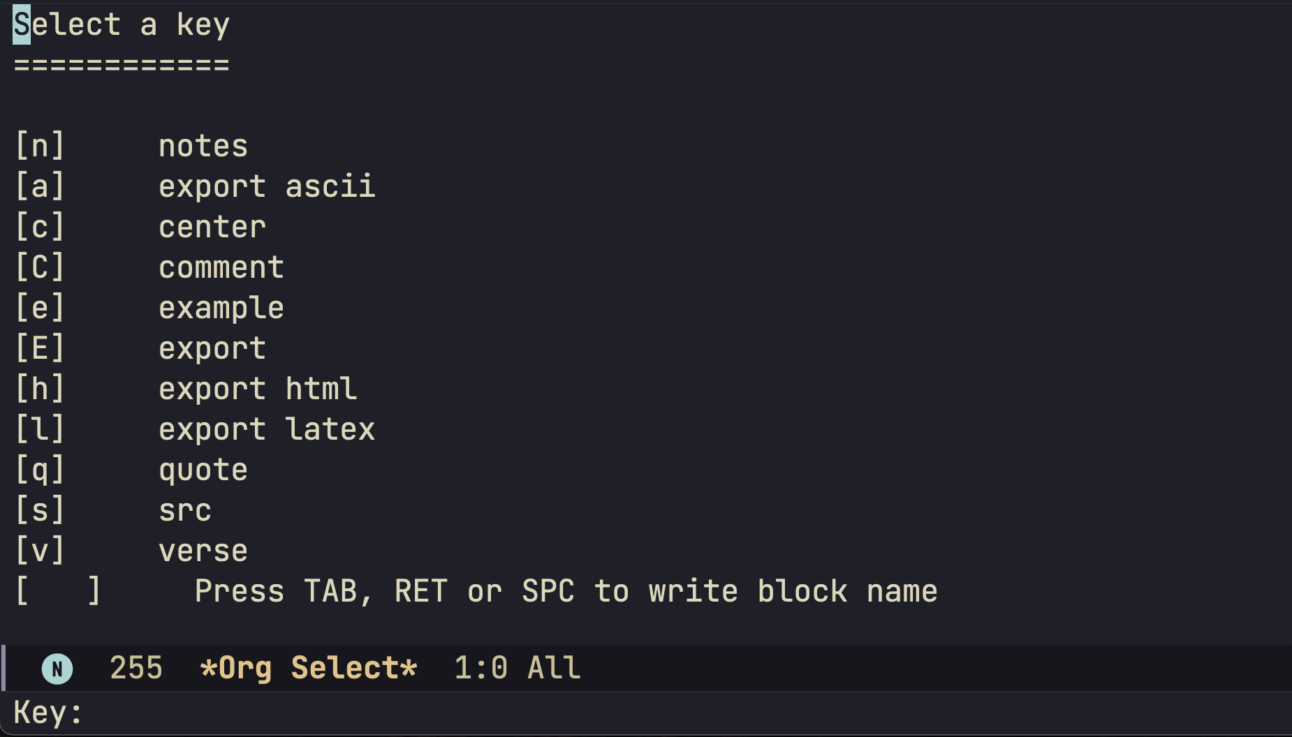 Image of an Emacs window with the command 'org-insert-structure-template running'