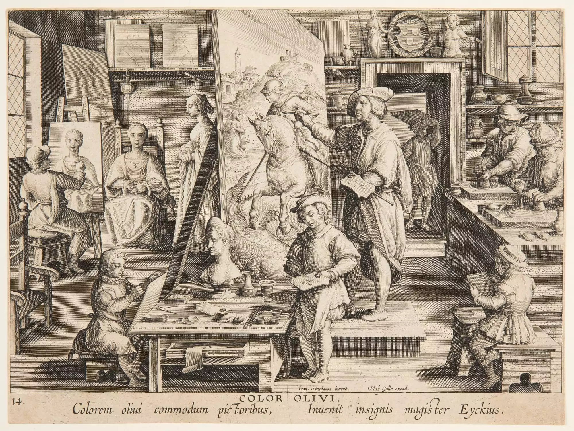 Color Olivi (Invention of Oil Painting), plate 14 in the Nova Reperta (New Inventions of Modern Times)
Stradanusca. 1596